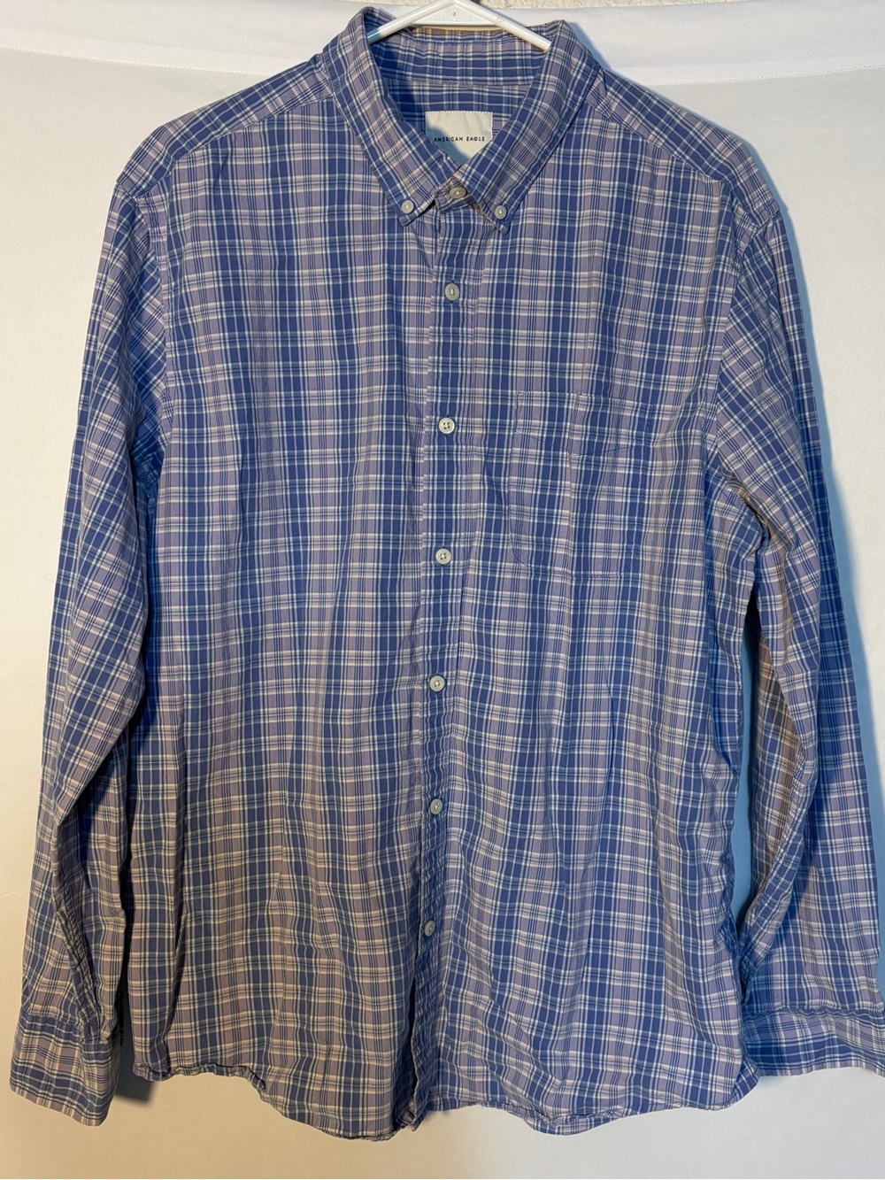 American Eagle Men’s XL Blue Plaid Button‑Down Shirt Cotton Casual